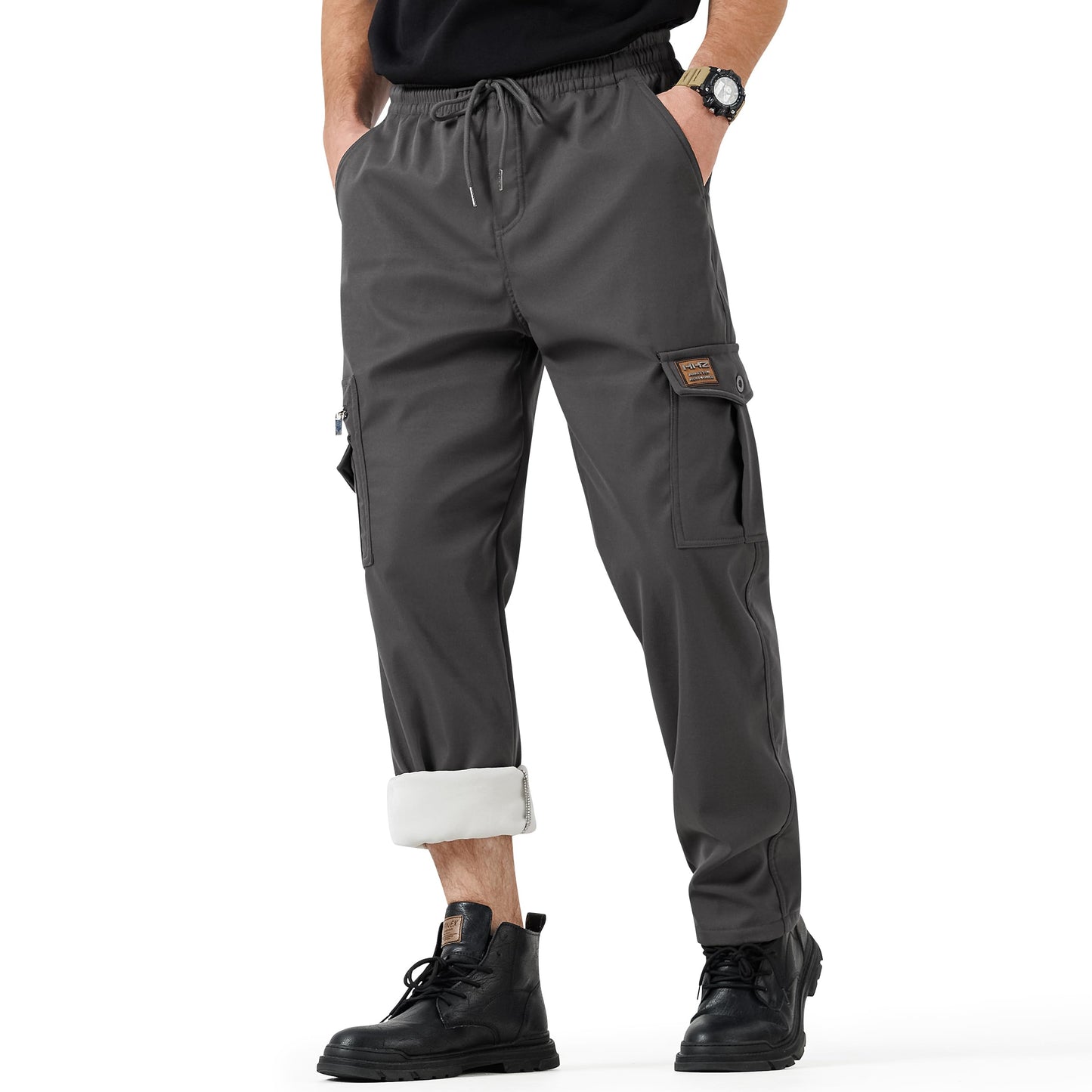 HHZ Men's Winter Fleece Lined Cargo Pant - Drawstring Joggers with Pockets Tactical Pants Pants(Y6005-W-Grey,38)