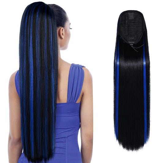 SEIKEA Ponytail Extensions Drawstring Long Straight Fake Pony Tail Natural Soft Clip in Hair Extension Synthetic Heat Resistant Hairpiece 28 Inch Natural Black with Blue Highlights
