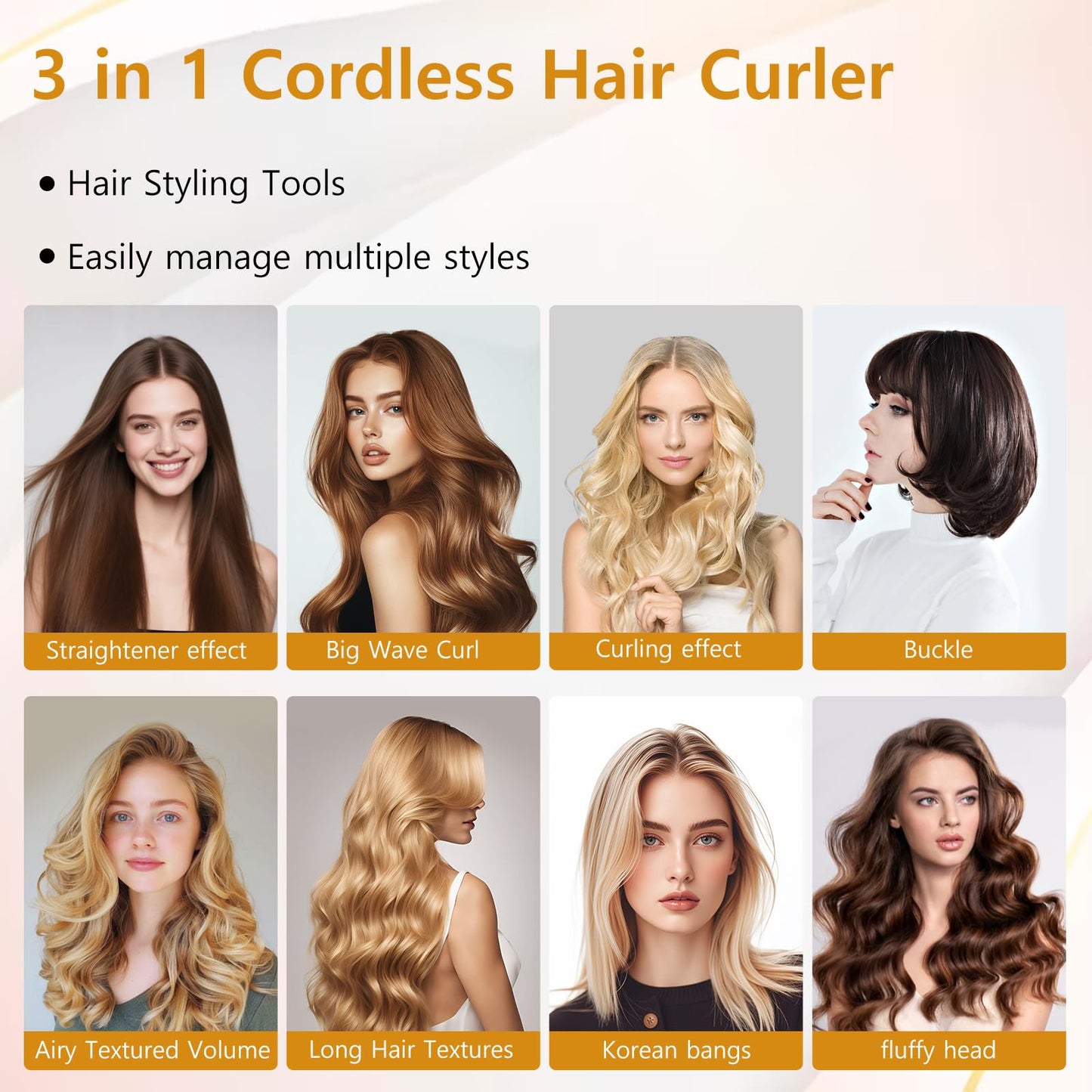 Cordless Curling Iron Rechargeable, Portable Travel Curling Iron Brush, 3-in-1 Hair Straightener Brush, Heated Round Curling Wand, 4 Temperature 7000mah Hair Curler Tool for Women - Rose Gold