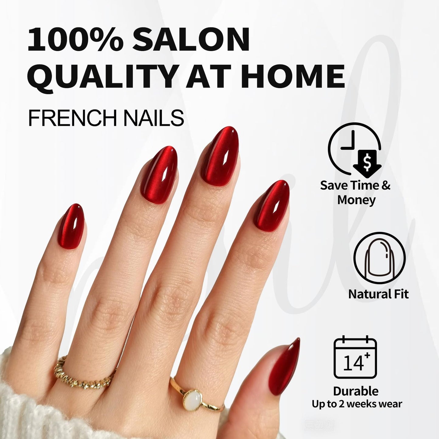 SHANGMENG Cat Eye Press on Nails Almond - Soft Gel Red Press on Nails Short for Women Gift, Fit Perfectly & Natural Stick on Nails with Glue in 16 Sizes - 32 Reusable Fake Nails, Wine Red