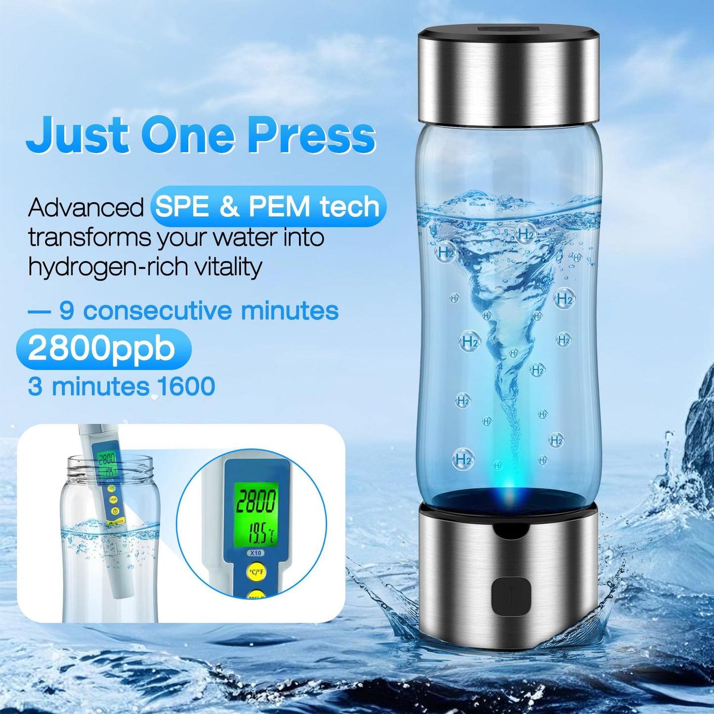 Hydrogen Water Bottle Generator – Produces Hydrogen Water Alternative to Hydrogen Water Tablets,3-Min Hydrogen Water, Inhalation & Drinking, Auto Clean, Slim & Portable for Travel, Gym, Office