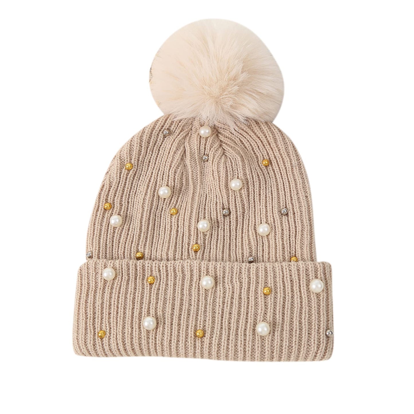 Womens Slouchy Winter Beanie Hat with Fur Ball Pompom Beanie Pearl Beads Fall Hat Warm Thick Knit Skull Ski Cap