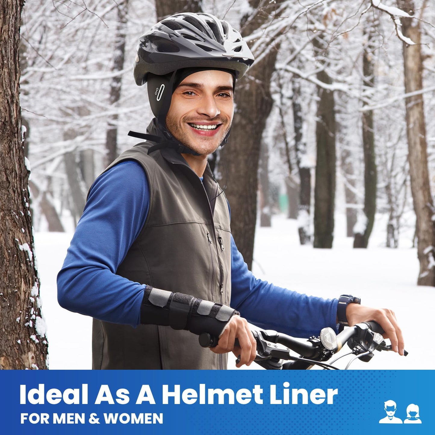 Bodvera Skull Cap Helmet Liner with Eyeglasses Holes,Ear Warm Cycling Cap,Thermal Head Cap for Men & Women in Winter. Black