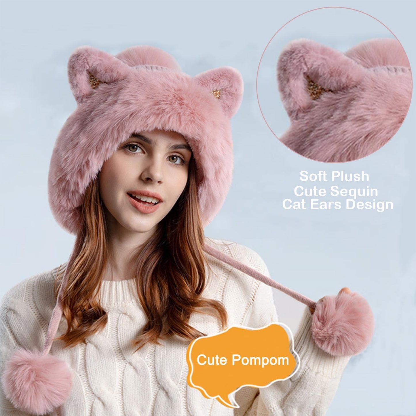 Fluffy Cat Ear Beanie Hats for Women Pompom Knit Skull Cap Winter Outdoor Warm Fleece Lined Earflaps Snow Hat