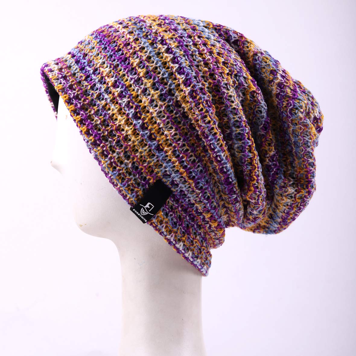 HISSHE Women's Slouchy Beanie Knit Beret Skull Cap Baggy Winter Summer Hat B08w (Purple/Yellow/White)