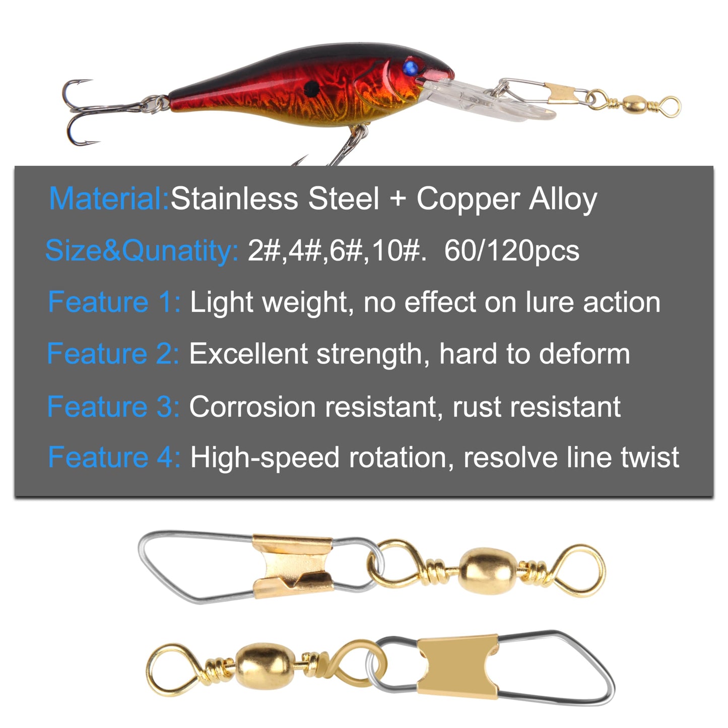 AGOOL Fishing Swivels Snaps, 60/120pcs Fishing Barrel Swivels with Nice Snaps Swivels Fishing Tackle Solid Rings Fishing Connector Snap Swivels Fishing Accessories Fishing Tackle