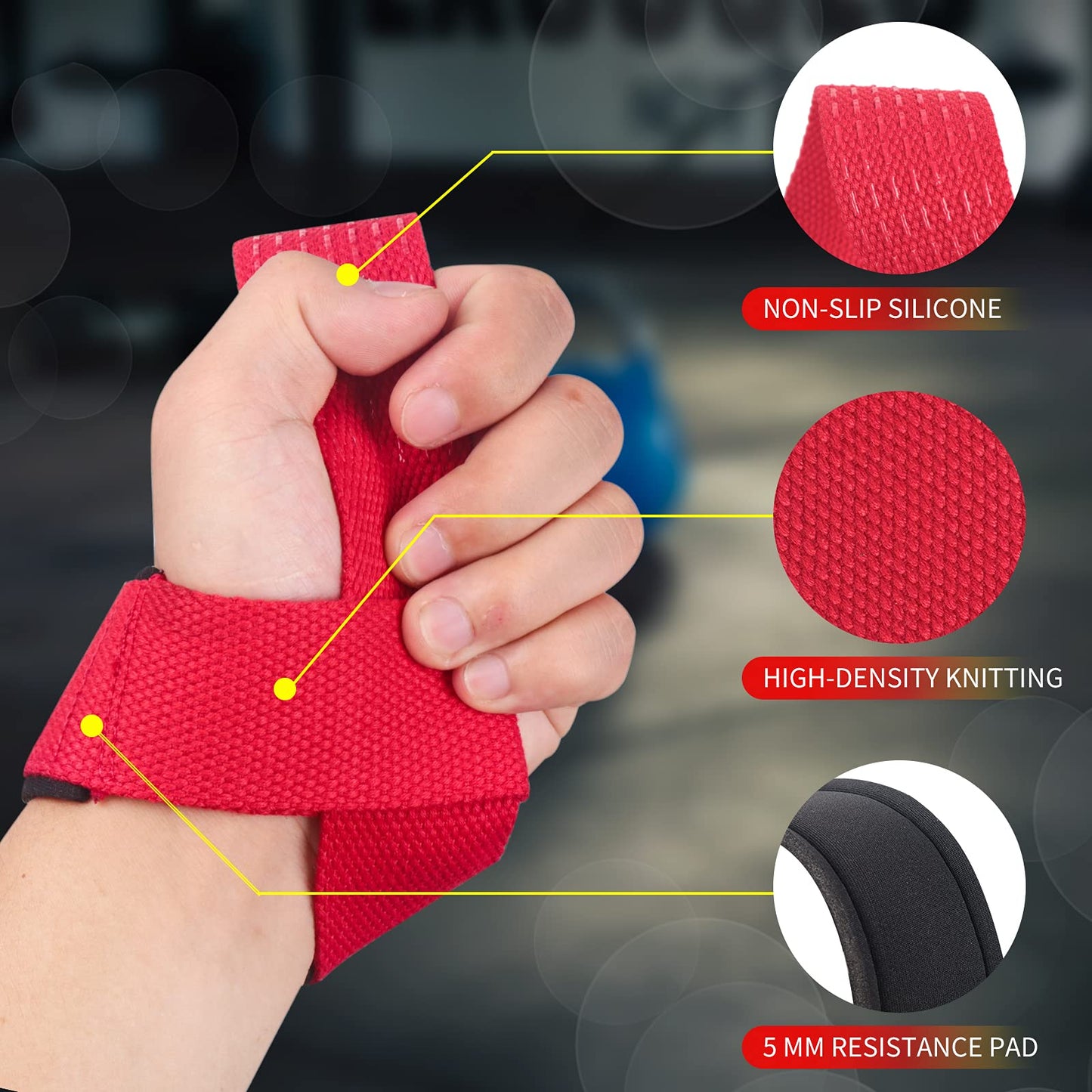 SKDK Cotton Hard Pull Wrist Lifting Straps Grips Band-Deadlift Straps with Neoprene Cushioned Wrist Padded and Anti-Skid Silicone - for Weightlifting, Bodybuilding, Xfit, Strength Training (Red)