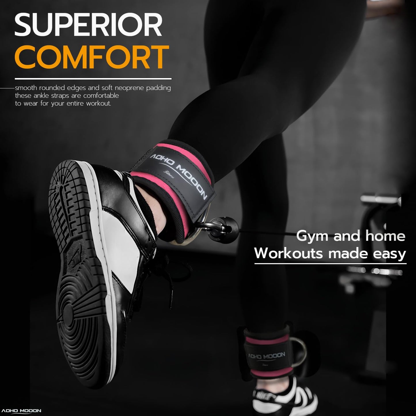 AOHO MOOON (Pair Comfortable Adjustable Ankle Straps for Cable Machines Women, Gym Workout Leg Straps, Ankle Cuffs for Glute Workouts, Foot Straps for Kickback, One Size Fit All with D Ring
