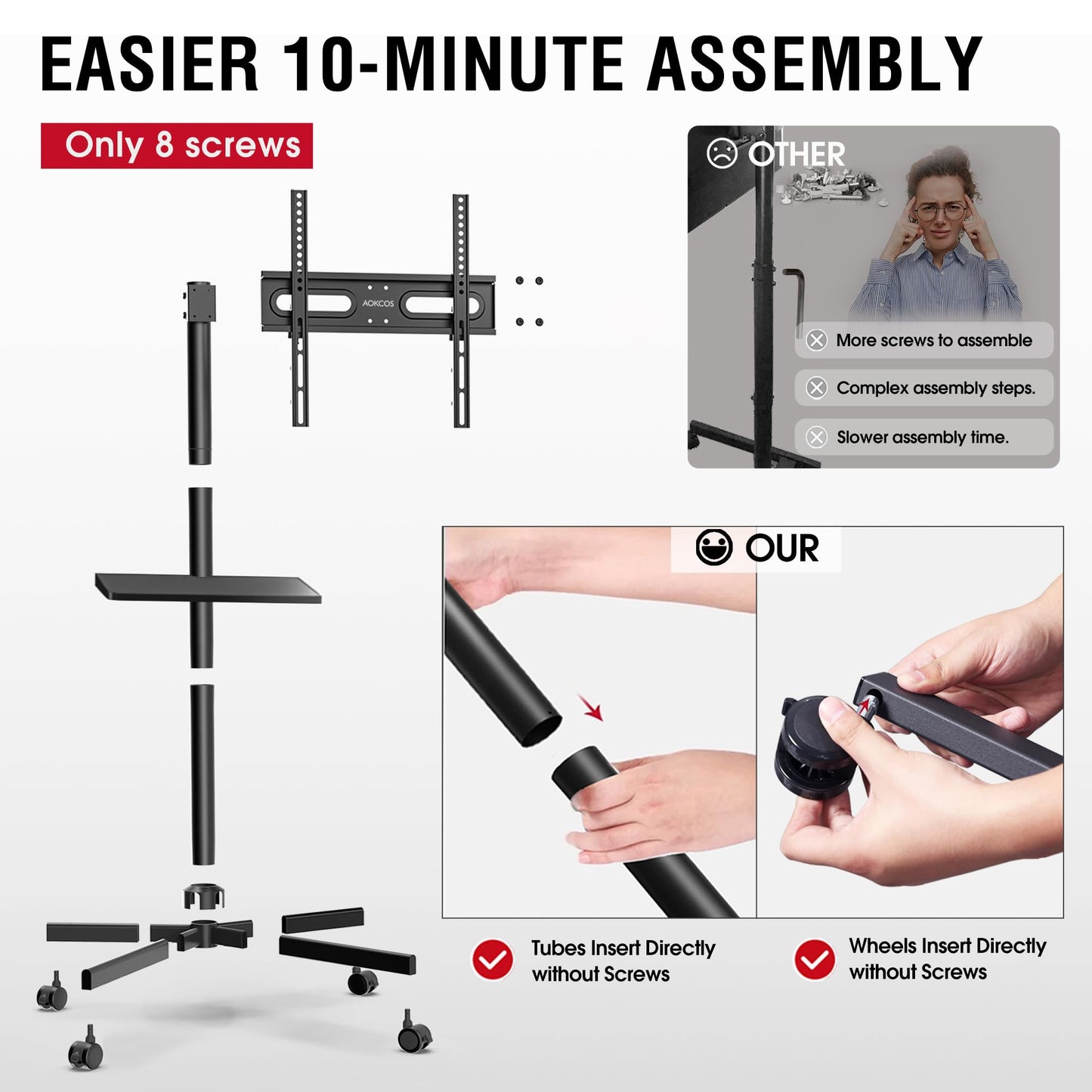 AOKCOS Rolling TV Stand - Mobile TV Stand on Wheels for 32-65 inch Flat/Curved TVs with Tilting, Height Adjustment Portable Rolling TV Cart Hold up to 88 Lbs for Livingroom, Bedroom, Office, Outdoor