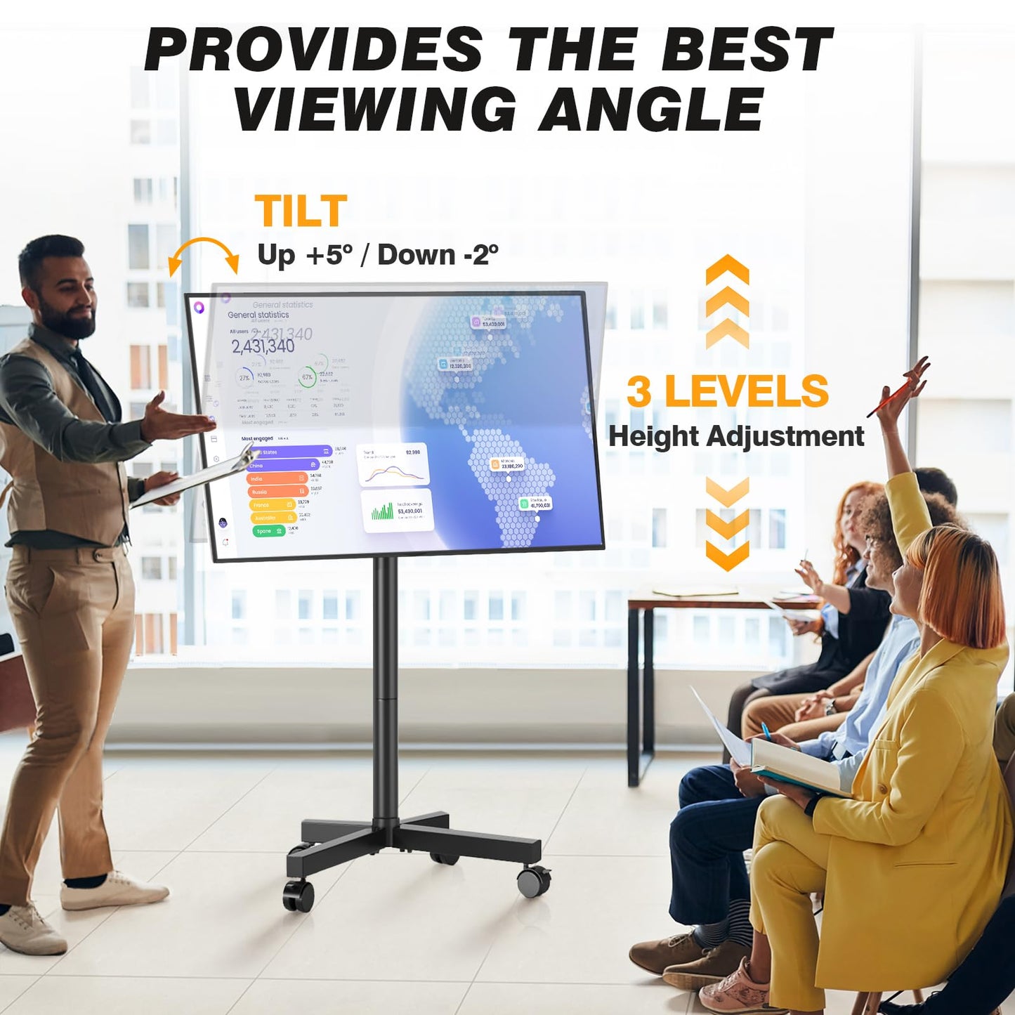 5Rcom Strong Tall Rolling TV Stand for 23-65 Inch TVs up to 88 lbs, Height Adjustable &Tilt Mobile TV Cart for Optimal Viewing Angle, Portable TV Stand with Locking Silent Wheels for Home and Outdoor