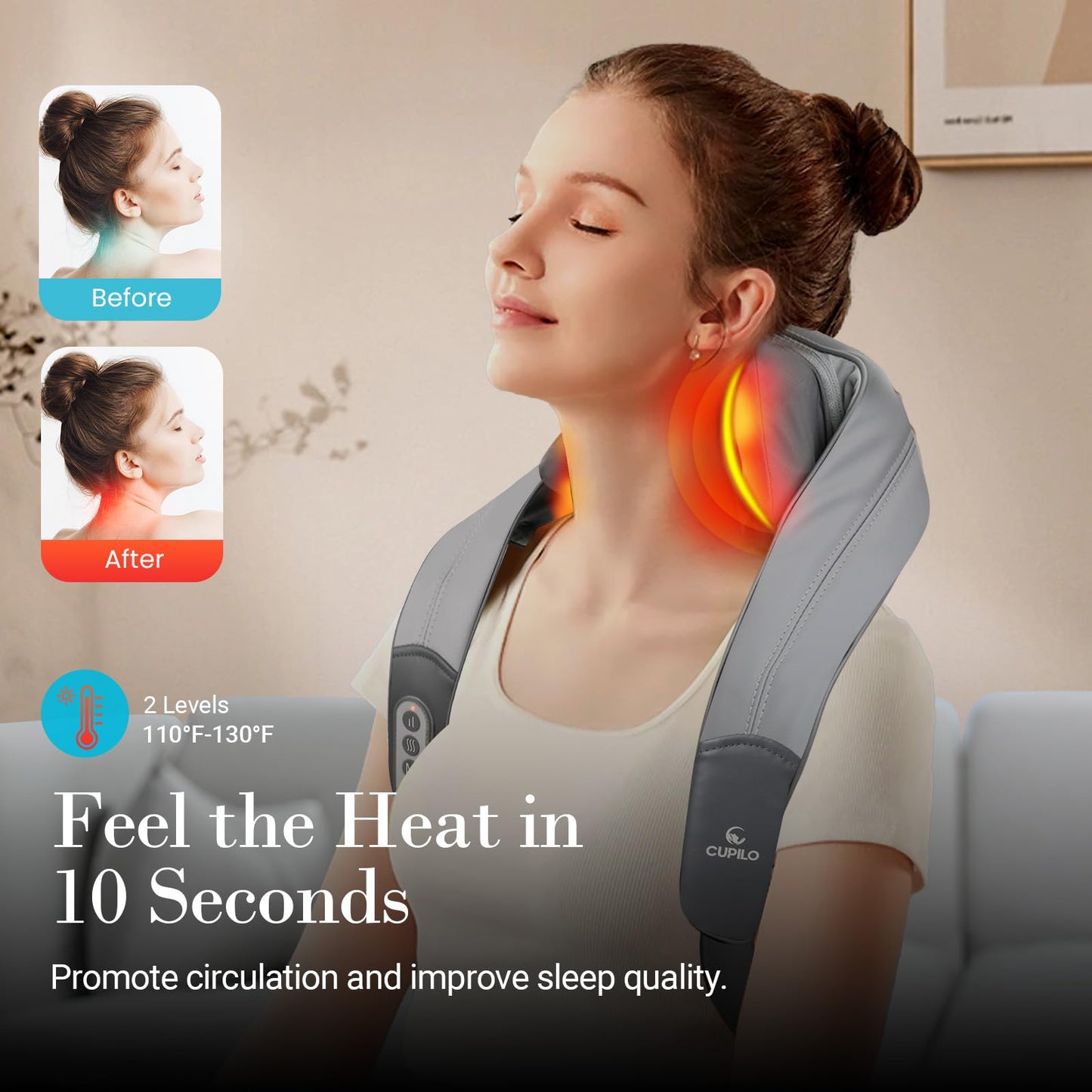 CuPiLo Shiatsu Neck and Shoulder Massager with Heat - FSA HSA Eligible,Cordless 4D Deep Tissue Kneading Massager, Rechargeable Massage for Neck, Shoulder,Ideal Gift for Women,Men