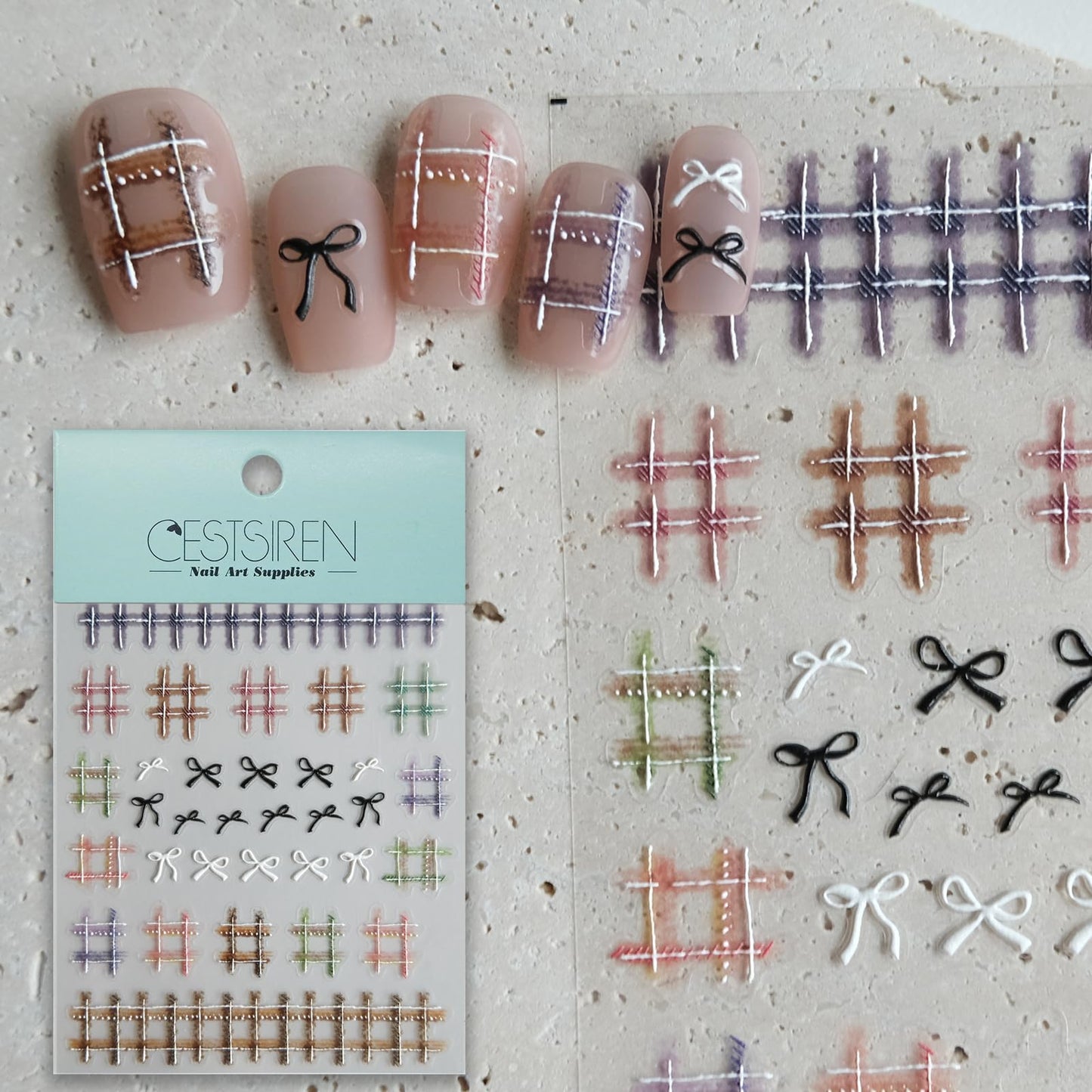 CESTSIREN Woolen Grid Bow Nail Art Stickers, Embossed Nail Decals,Elegant Cute Nail Art Design, Pearl, Self-Adhesive, Nail Accessories for Women, Nail Art Supplies