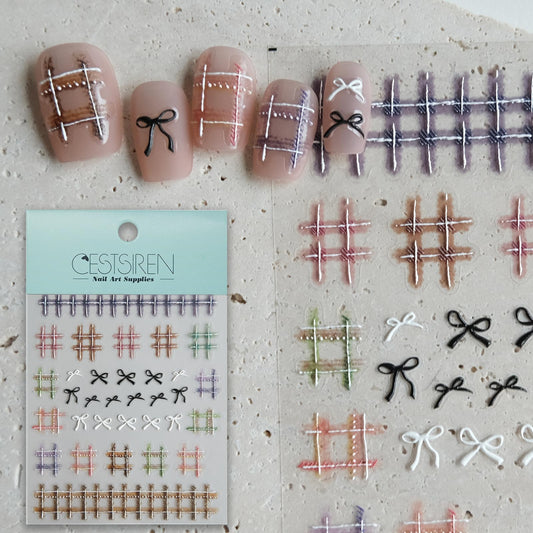 CESTSIREN Woolen Grid Bow Nail Art Stickers, Embossed Nail Decals,Elegant Cute Nail Art Design, Pearl, Self-Adhesive, Nail Accessories for Women, Nail Art Supplies