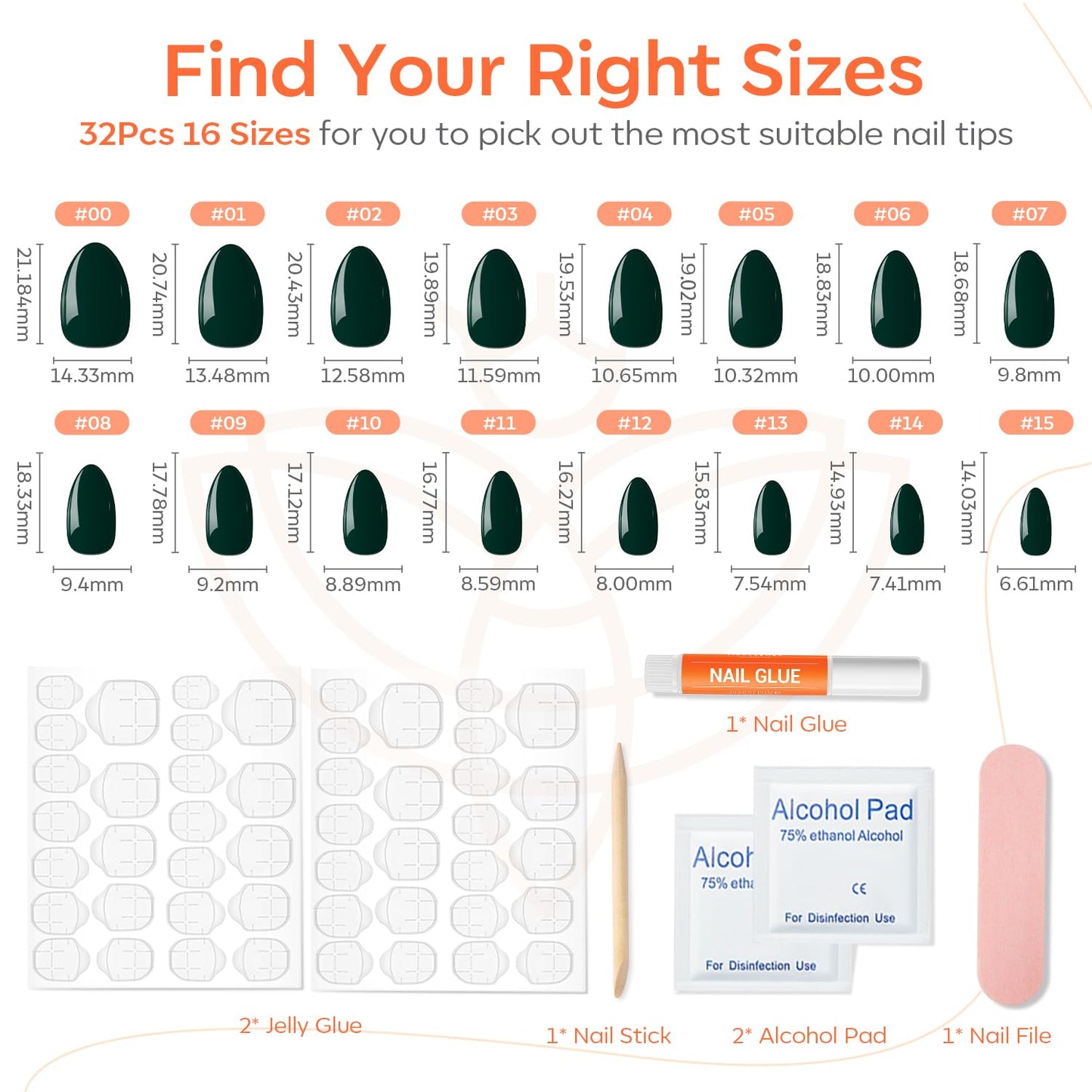 Modelones Green Press on Nails Almond, Short Almond Fake Nails, Reusable Nail Kit with Nail Glue Adhesive Tabs Mini Nail File, Nails Press Ons 32Pcs 16 Sizes