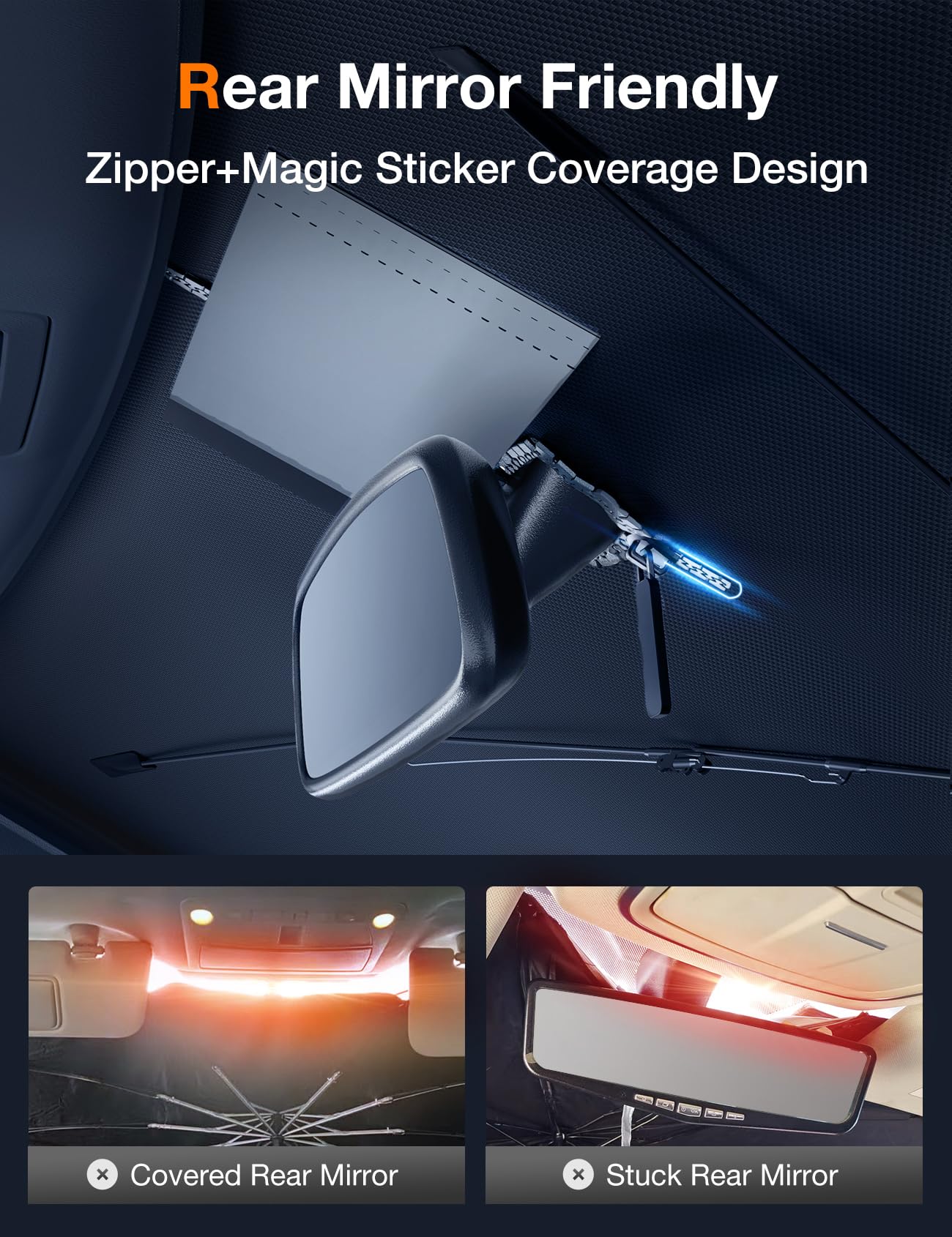 [2025 Upgrade] AKEsepe Windshield Sun Shade Umbrella for Car-[World-Class Quality Certified] Block UV Rays&Sun Heat,Protect Car Interior,Retractable Handle,Zipper with Wide Bandage,M(54" L x 31" W)