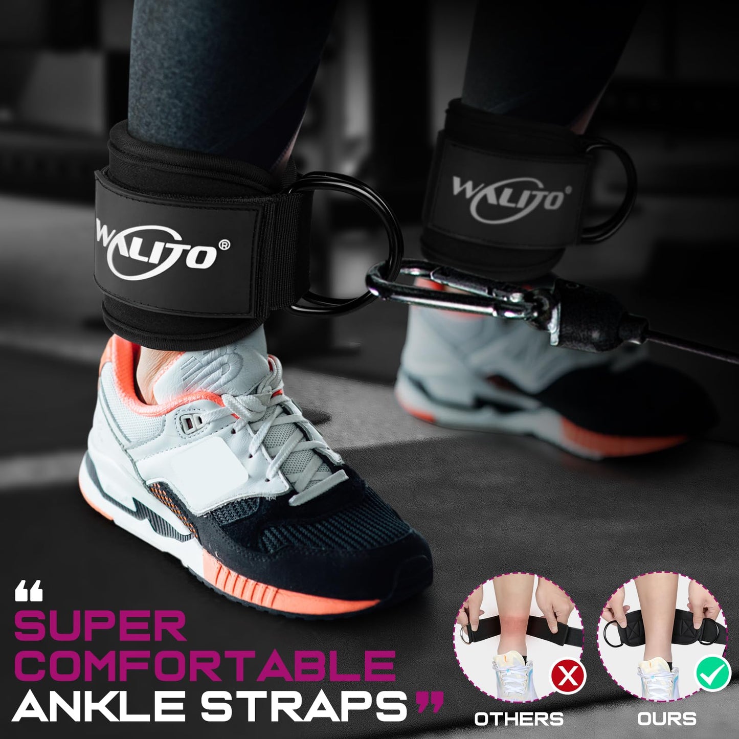 WALITO Gym Ankle Straps for Working Out - Glute Ankle Cuff Kickback Strap, Gym Cable Machine Accessories for Women Glute Leg Extensions, Hip Abductors & Lower Body Exercises Equipment