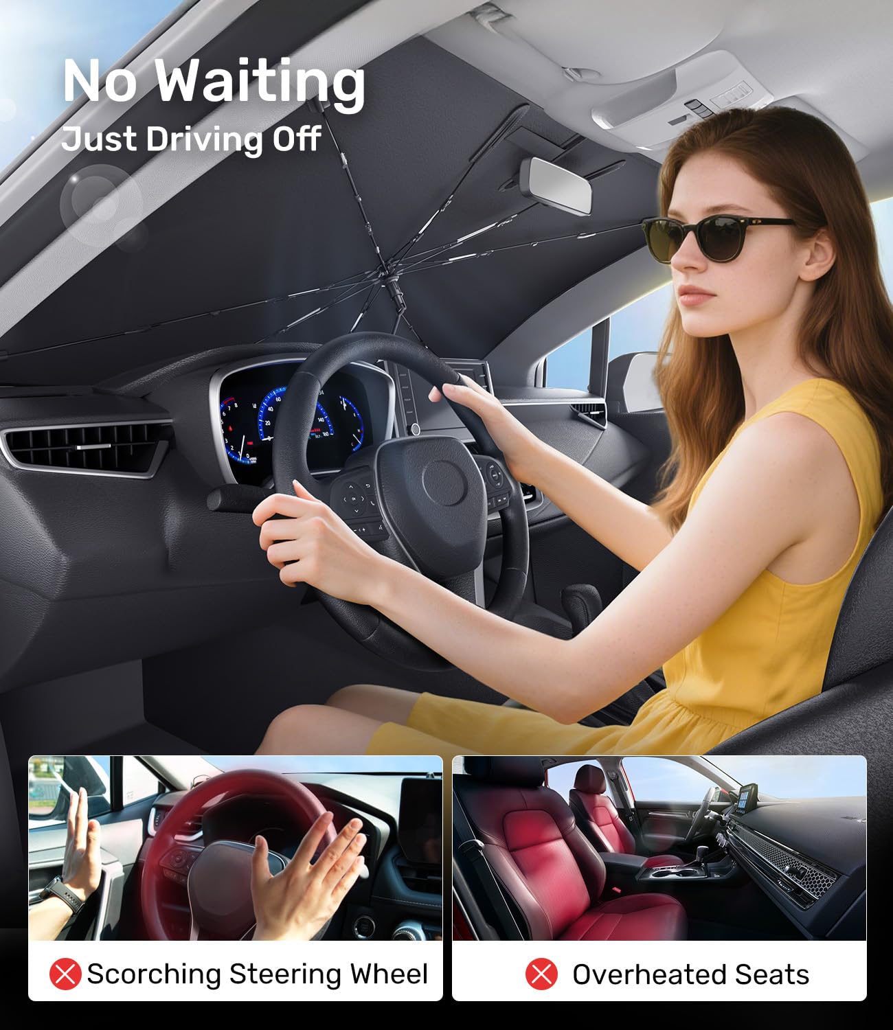 Zanch 2025 Upgraded Car Windshield Sun Shade [Cool Down by 75℉ ] with Heat Insulation Coating, Foldable Sunshade Umbrella Flexible Handle & Ribs, Medium (57''x32'') for Car, SUV, Truck, Van