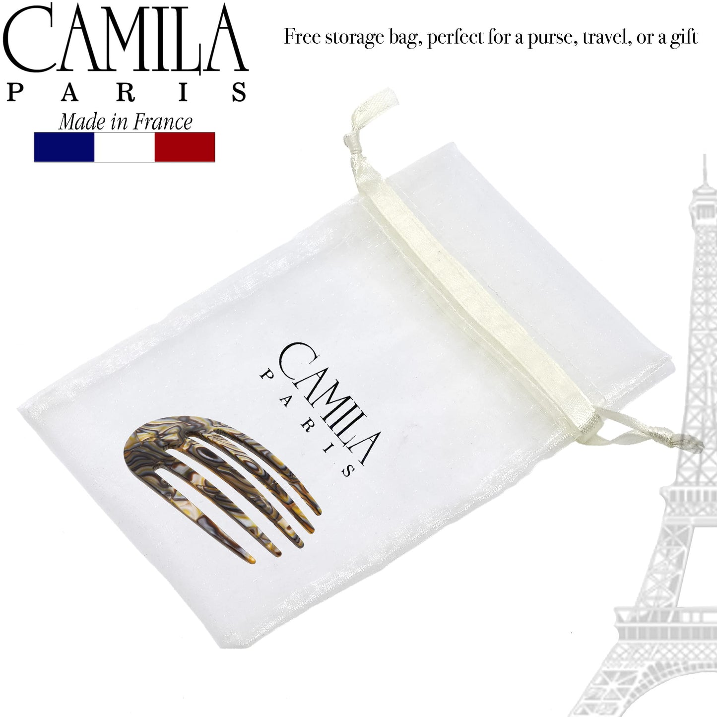 Camila Paris CP3399 French Hair Side Comb Small Rounded, Onyx, Handmade French Twist Hair Combs, Strong Hold Hair Clips for Women Bun Chignon, No Slip Styling Girls Hair Accessories Made in France
