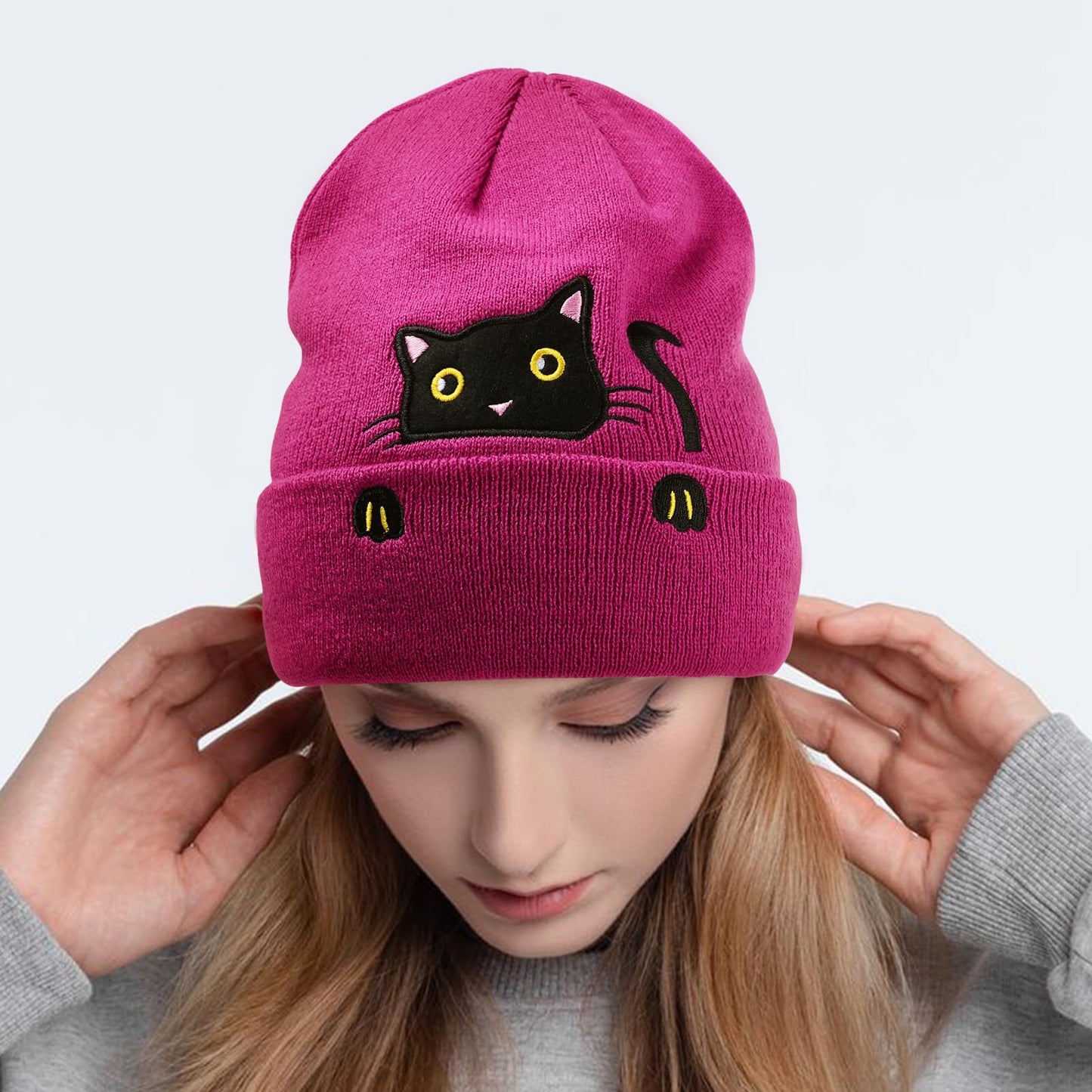 Women's Cat Beanie Knitted Winter Hats for Women Girls with Novelty Socks Cute Cat Lover Gifts Funny Cat Mom Gifts Hot Pink