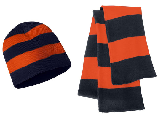 Sportsman Knit Collegiate Rugby Stripe Winter Scarf & Beanie Hat Set - Assorted Colors, Navy/Orange