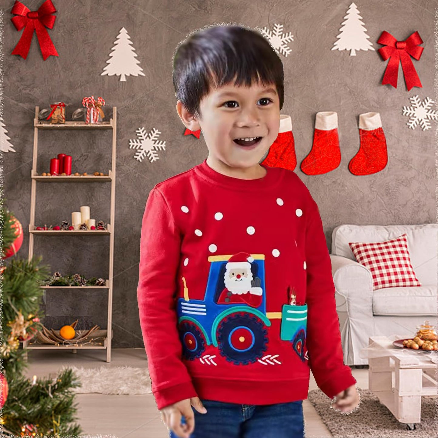 Toddler Boy Girls Christmas Sweatshirt Long Sleeve Baby Kids Applique Santa Claus Sweaters Xmas Winter Clothes 2-7T Red