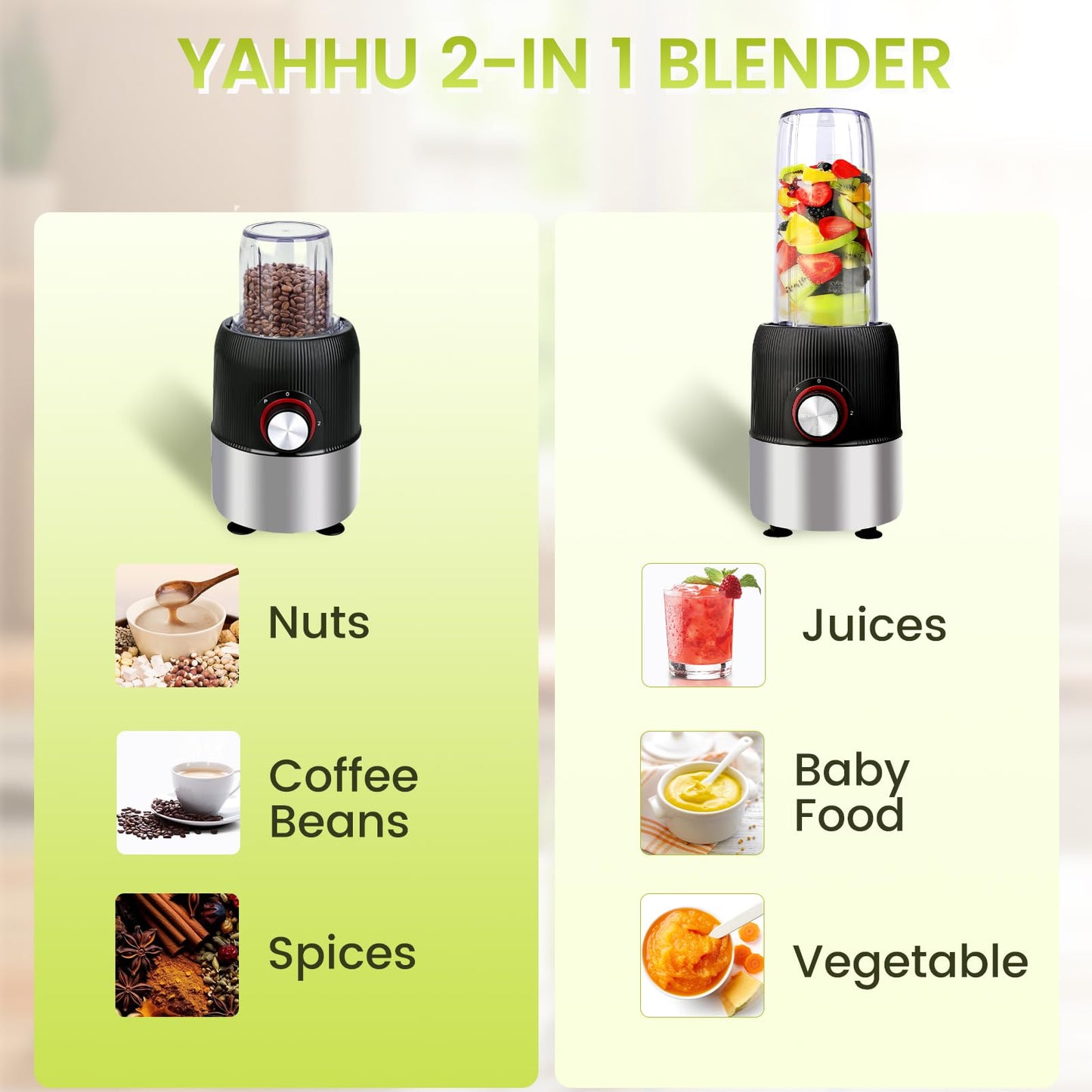 YAHHU Smoothie Blender,1000W Max Blenders for Shakes and Smoothies in Kitchen, With Two Portable Bottle and Spout Lids(1 * 27oz&1 * 6.7oz),Coffee Grinder, 3 Modes Nutritional Recipe Blender,Black
