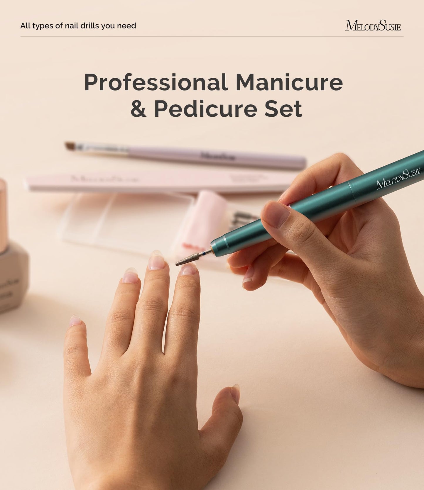 MelodySusie Portable Electric Nail Drill, Cordless 30000RPM Nail EFile with Drill Bits & Ultra Fine Sanding Bands for Manicure Pedicure, Professional Nail File Tool for Women, PM170F Green