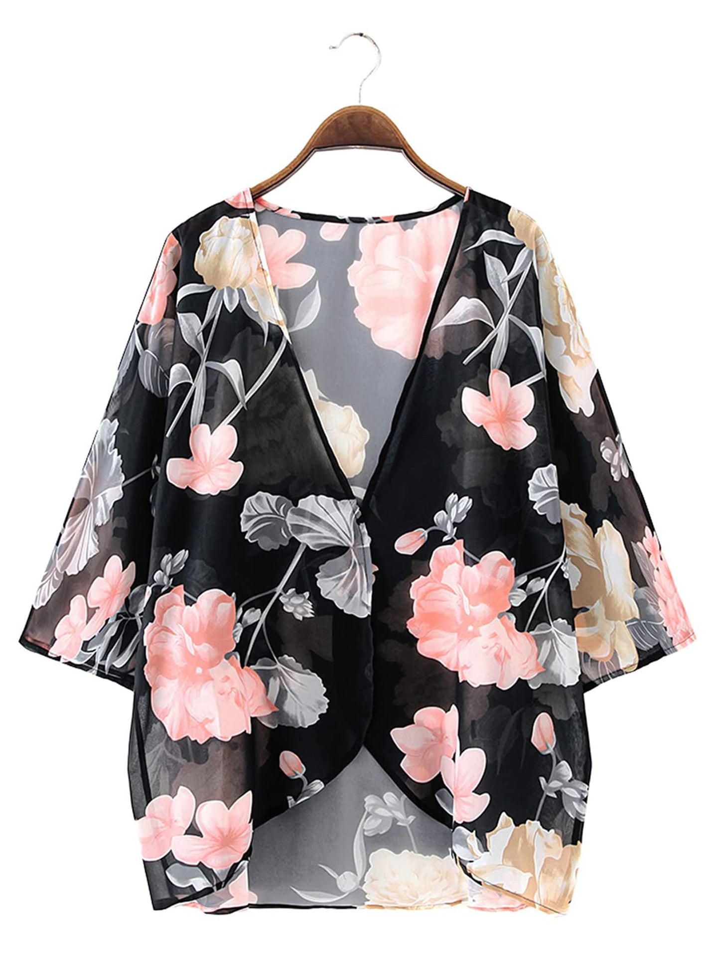 Chunoy Women Casual Summer Floral Print Short Sleeve Chiffon Sheer Kimono Cardigan Open Front Beach Wear Cover Up Black Small
