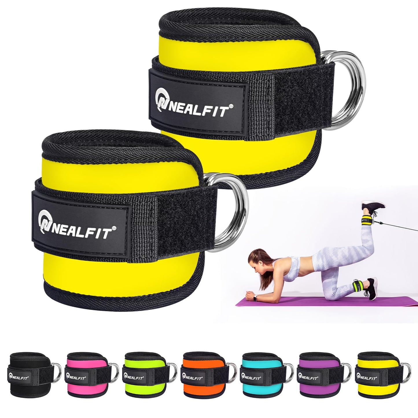 NEALFIT Ankle Strap for Cable Machine, Gym Ankle Cuff for Kickbacks, Leg Extensions, Glute Workouts, Booty Hip Abductors Exercise for Women and Men (Pair, Yellow)