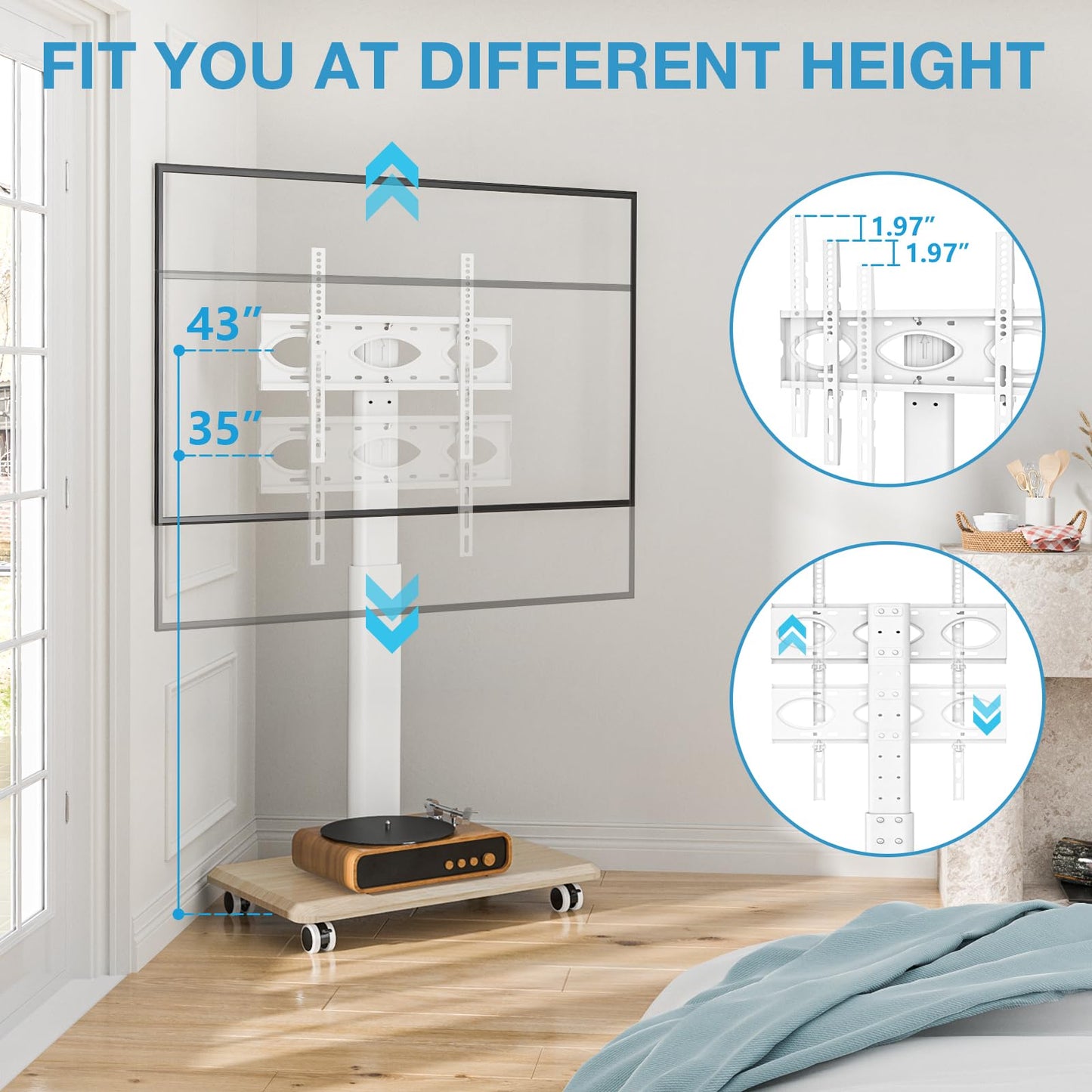 YOMT Portable Floor TV Stand on Wheels for 32-70 Inch TVs, Tall Universal Rolling TV Stand with Swivel Mount, Elegant Lockable Mobile TV Cart with Wood Base for Living Room, Bedroom, Dorm (White)