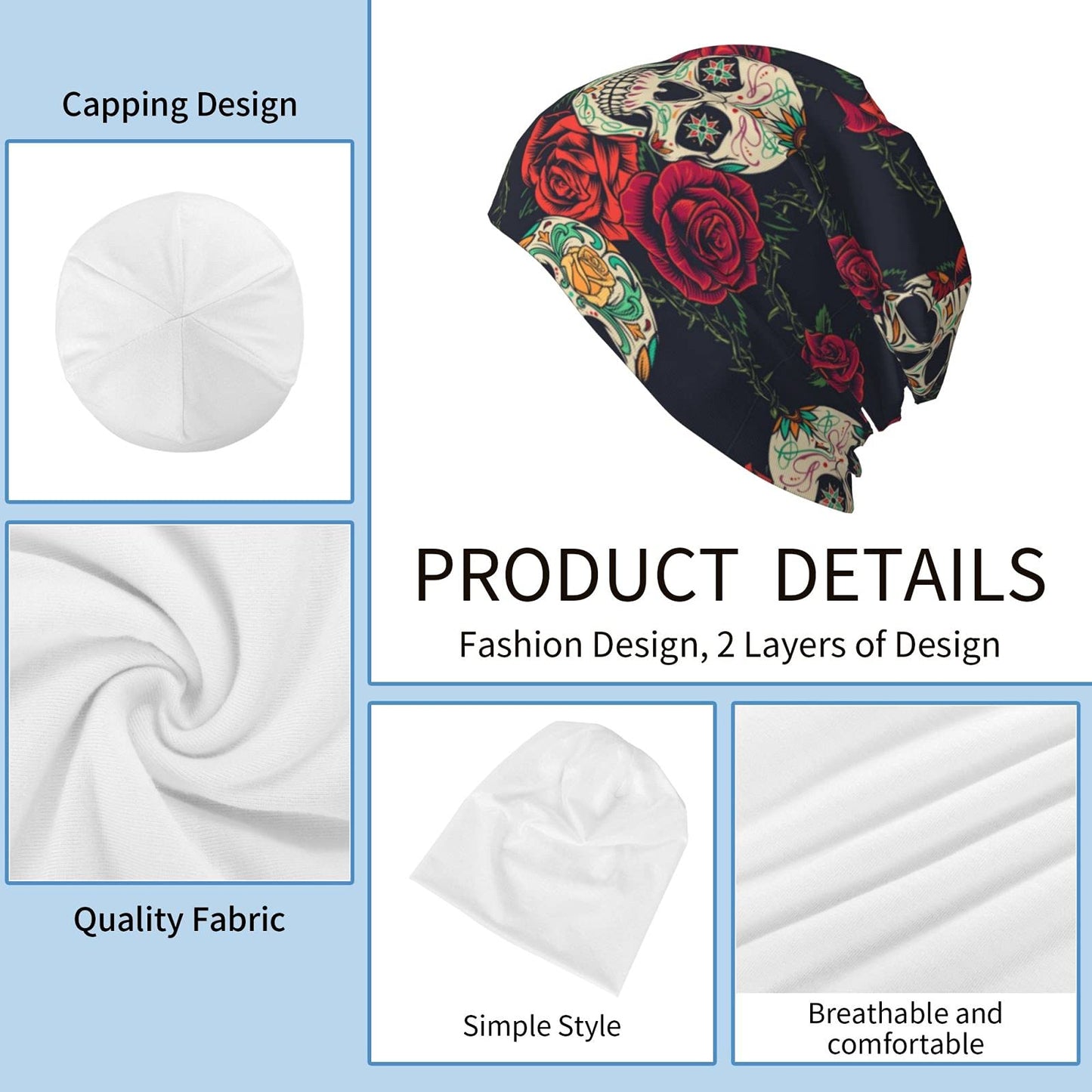 Yilad Skull Flower Beanie Slouchy Chemo Hats, Skull Caps Baggy Headwear for Jogging Cycling Unisex