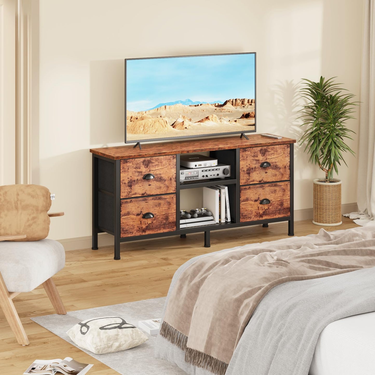 Furologee TV Stand Dresser with 4 Drawers, Television Stand with Open Shelf, Entertainment Center for 50" TV, Industrial Media Center for Bedroom, Living Room, Rustic Brown