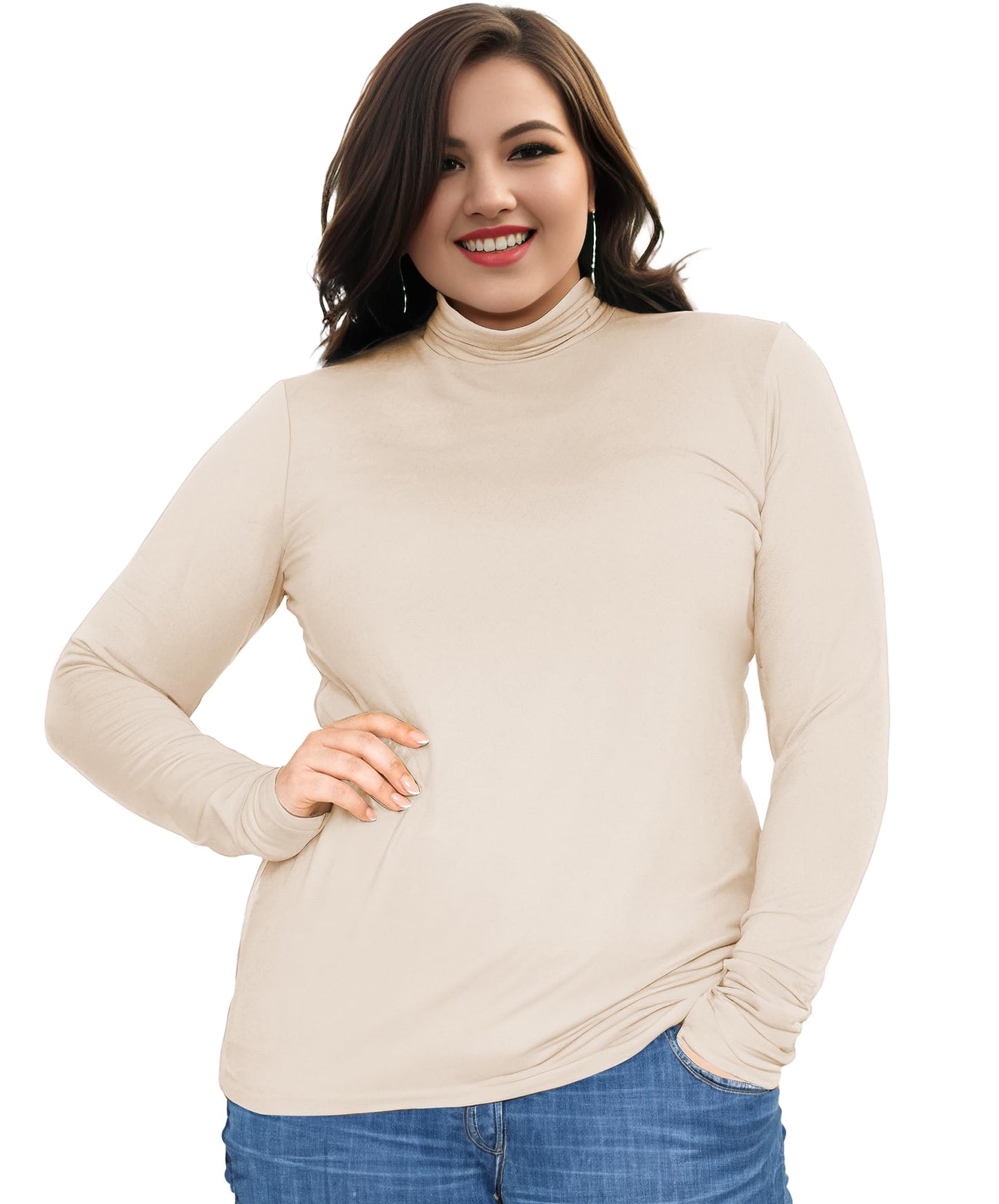 Womens Long Sleeve Turtleneck T-Shirts Mock Neck Underwear Fall Winter Fashion Base Layer Casual Lightweight Soft Tops Beige