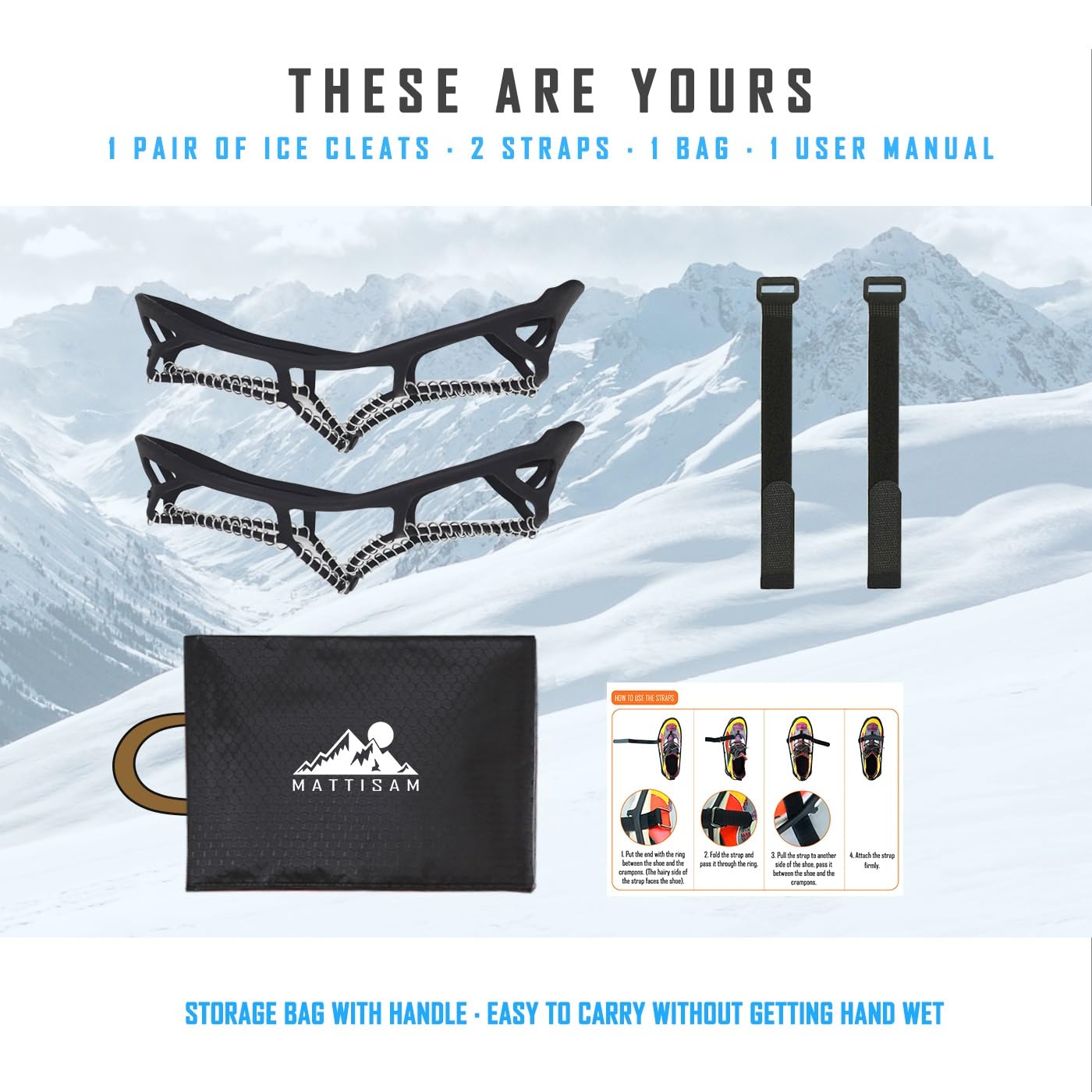 MATTISAM Ice Cleats for Walking on Ice Snow, Crampons Traction Grips Spikes for Shoes Boots, Anti-Slip Flexible Footwear Grippers for Climbing Hiking Fishing Outdoor Running with 2 Adjustable Straps