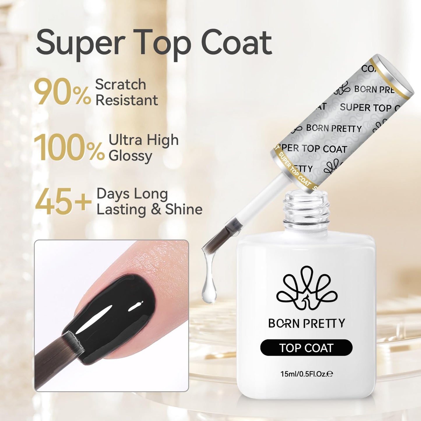 Born Pretty Gel Nail Polish No Wipe Top Coat-15ml Clear Nail Polish Shiny Long Lasting Top Gel for Clear Nail Gel and Acrylic Nails, for Home DIY and Nail Salon