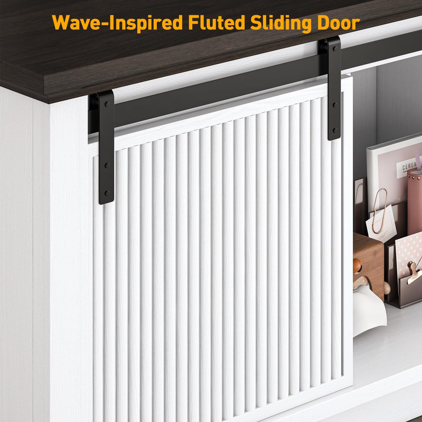 Fluted TV Stand for 60 Inch TV, 21" Tall Entertainment Center with Sliding Door and Storage Cabinets, Modern Media Console for Bedroom & Living Room, Television Stand for 55, 50", White