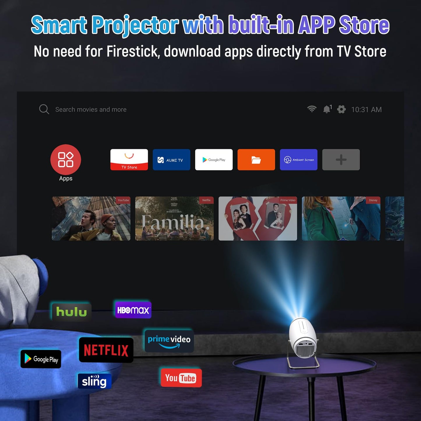 Mini Projector, Projector with WiFi and Bluetooth, 4K 1080P Support Portable Projector 180° Rotatable 130'' Screen Movie Projector Auto Keystone Compatible with HDMI/USB/Smartphone/PC/Laptop