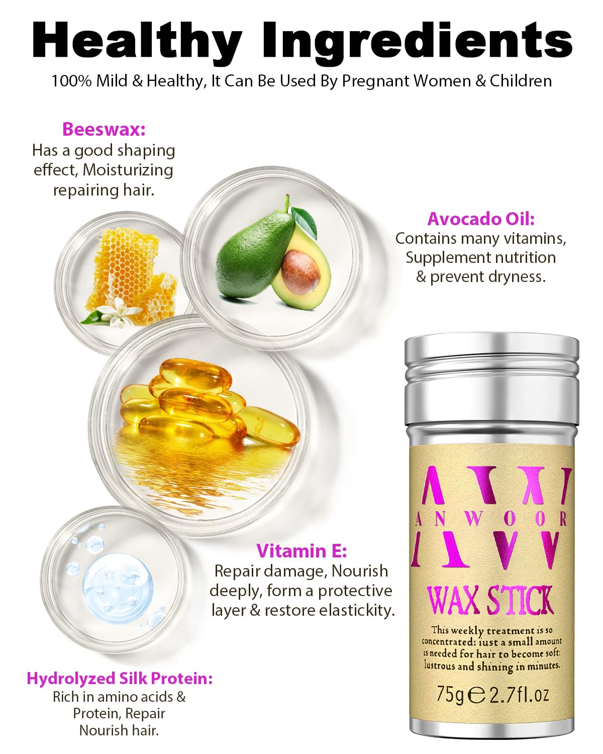 Slick Back Hair Styling Kit for Hair: 4Pcs Wax Stick, Edge Control Brush, Rat Tail Comb & Bristle Brush for Flyaways, Smoothing & Volumizing