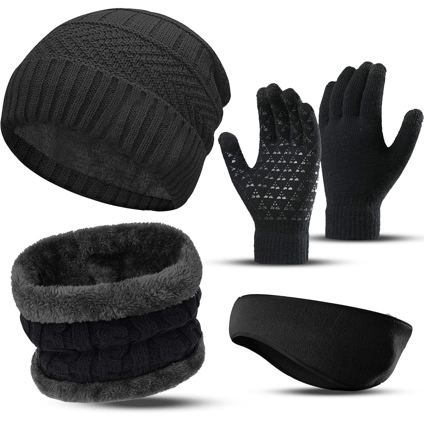 Ski Winter Beanie Hat Scarf Gloves Set for Men Women, Winter Knit Hat, Neck Warmer, Touchscreen Gloves,Ear Warmer Earmuff for Men Women