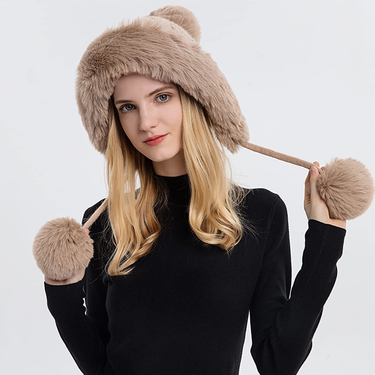 Dawfold Women Knit Beanies Hats Winter Peruvian Cover Ears Faux Fur Crochet Skull Cap with Pompom Fluffy Fleece Lined Khaki