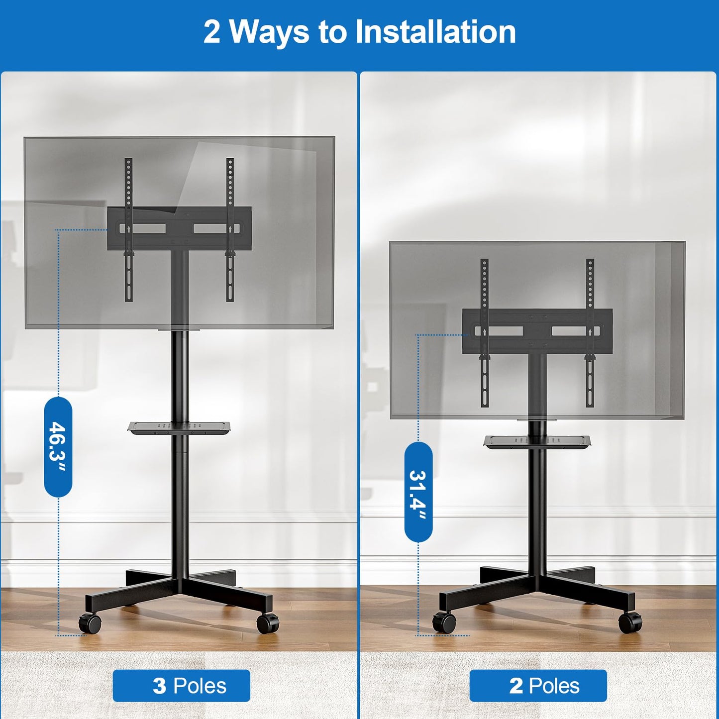 HOLMAXD Mobile TV Stand for 23-65 Inch LCD LED Flat/Curved Panel Screen TVs, Height Adjustable Rolling Floor TV Cart with Tilt Mount and Shelf, Portable Stand Holds up to 110 lbs, Max VESA 400x400mm
