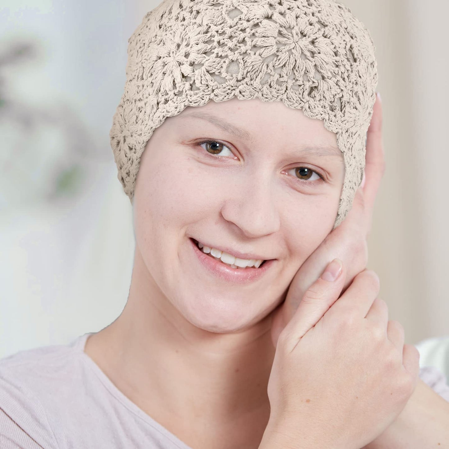 2 Pieces Floral Crochet Slouchy Beanie Hat Handmade Knit Cutout Women Floral Skull Cap Stretchy Knitted Crochet Hat for Women (Beige, Gray)