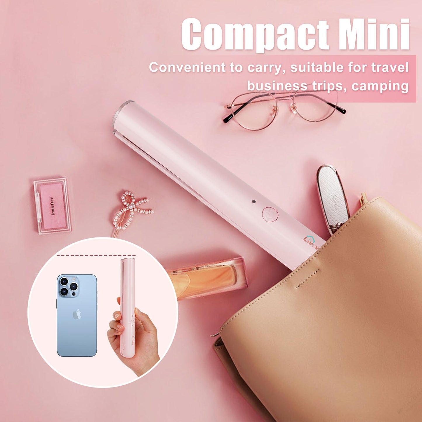 Mini Portable Cordless Hair Straightener,USB Rechargeable，Rapid Heating can Work continuously for 40 Minutes,Wireless Curling Iron for Travel (Pink)