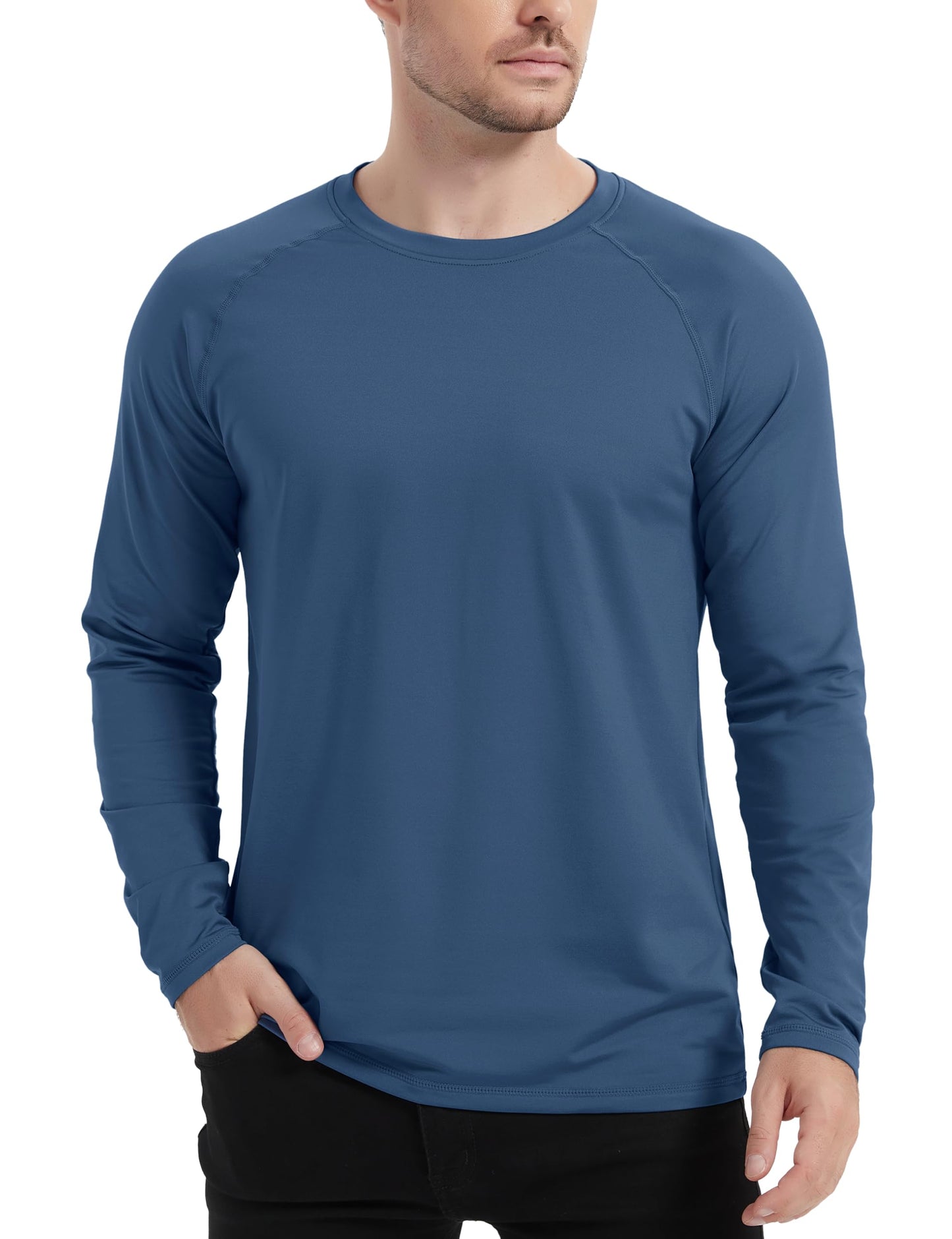 TACVASEN Athletic T Shirts for Men Raglan Long Sleeve Workout Shirt Winter Thermal Base Layer Cold Weather Blue Gray L