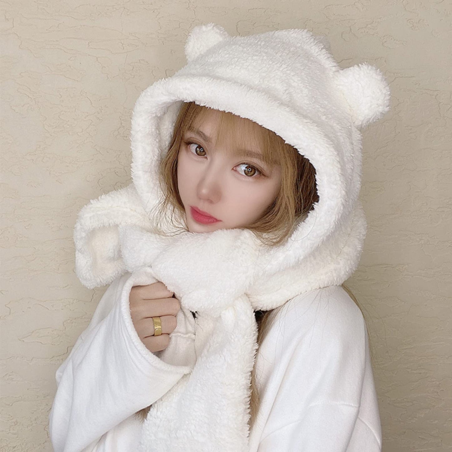 Women Kawaii Bear Ear Beanie Hat Scarf 2 in 1 - Cute Winter Warm Sherpa Thicken Fleece Fuzzy Japanese Fluffy Knit Hat Cap (White)