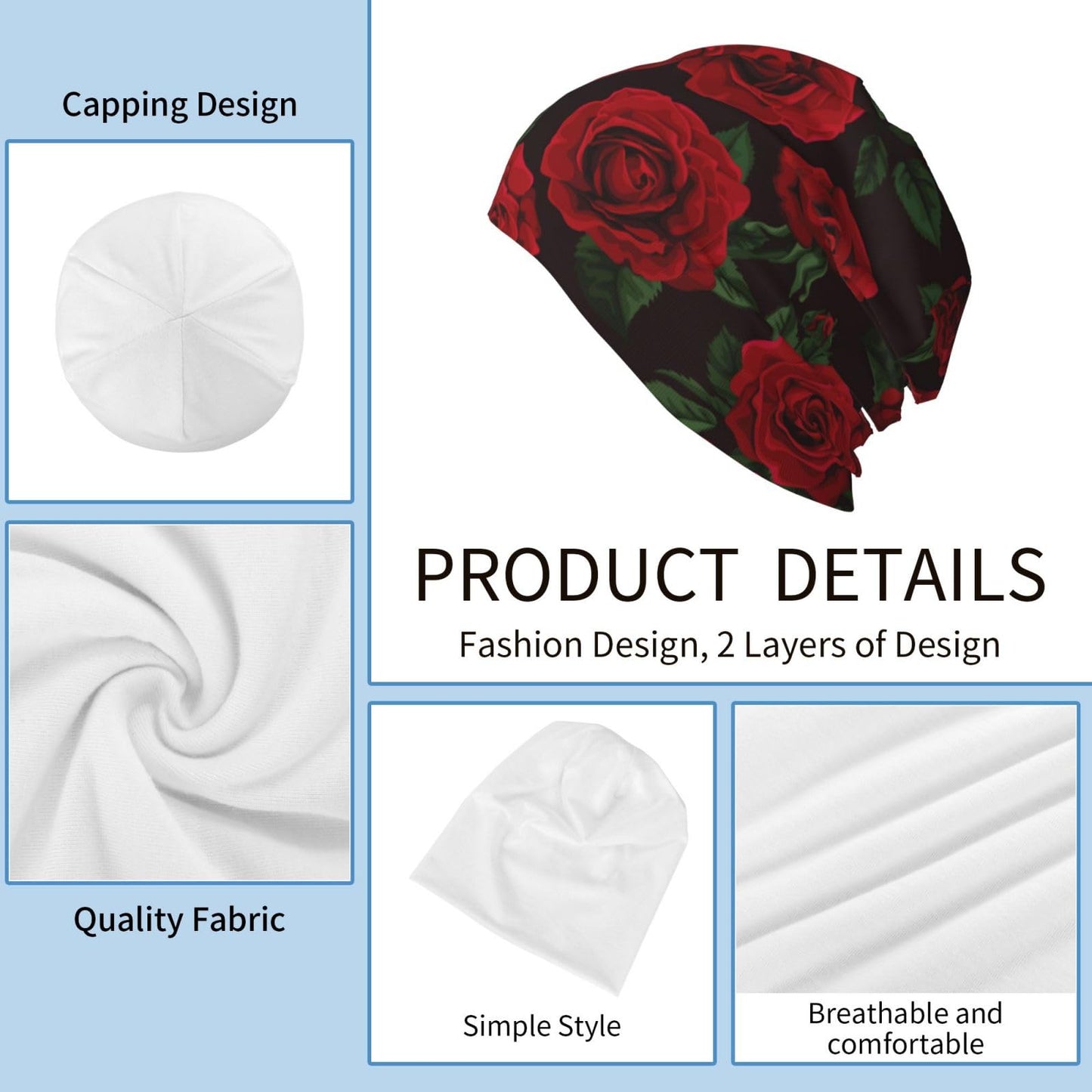 Red Rose Trendy Floral Beanie Hat Slouchy Cap Warm Cancer Headwear Stretch Knitted Hats for Women Men