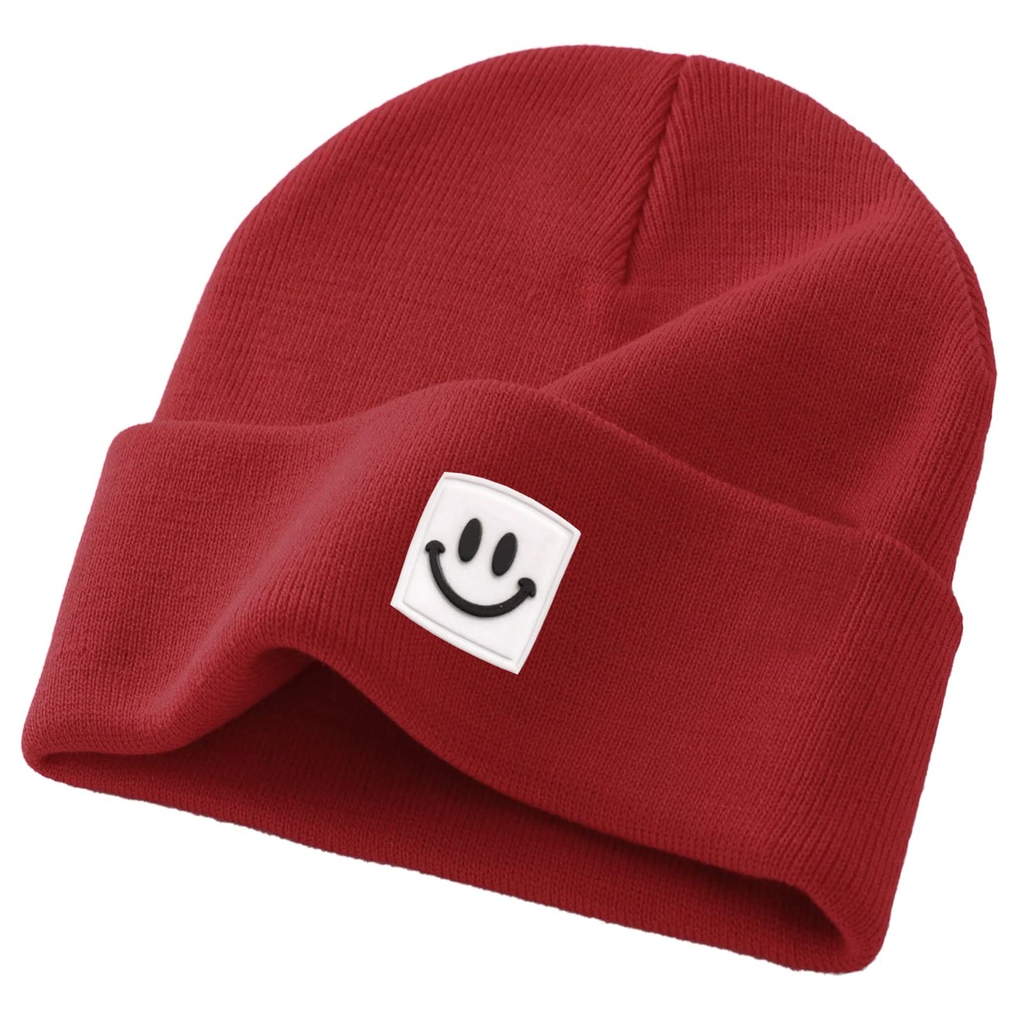 lycycse Beanie Hats for Women Men Knit Warm Winter Hat with Smile Face Unisex Soft Cuffed Acrylic Beanies Ski Hat Skull Cap Burgundy