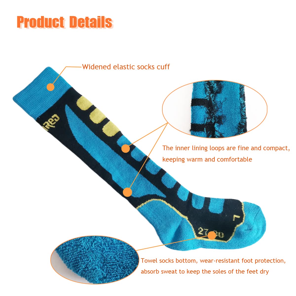 GOXUNYUAN Kids Ski Socks, Winter Warm Thick Thermal Long Socks Skiing Snowboarding Skating for Boys and Girls 2 Pairs Pack