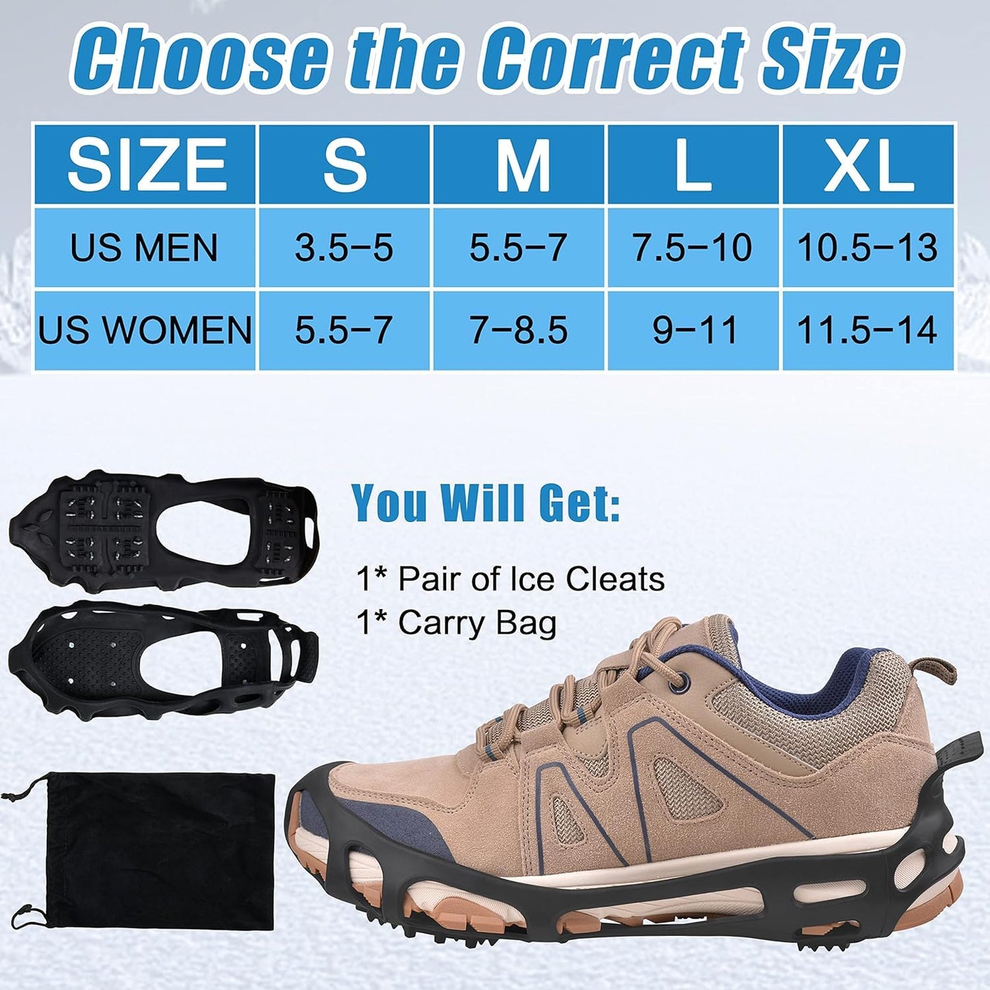 Ice Cleats Snow Traction Cleats Crampons for Walking on Snow and Ice,Non-Slip Overshoe Grippers Anti Slip Footwear for Shoes and Boots (24 Steel Without Straps, Medium(5.5-7 men/7-8.5 Women))