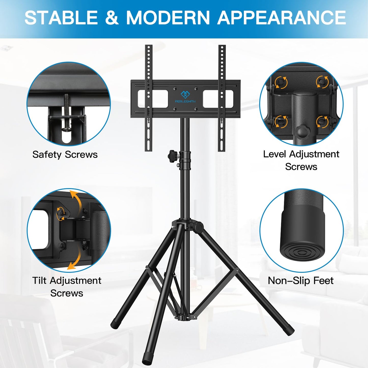 PERLESMITH TV Tripod Stand-Portable TV Stand for 23-70 Inch LED LCD OLED Flat Screen TVs-Height Adjustable Display Floor TV Stand with VESA 400x400mm, Holds up to 88lbs PSTM1